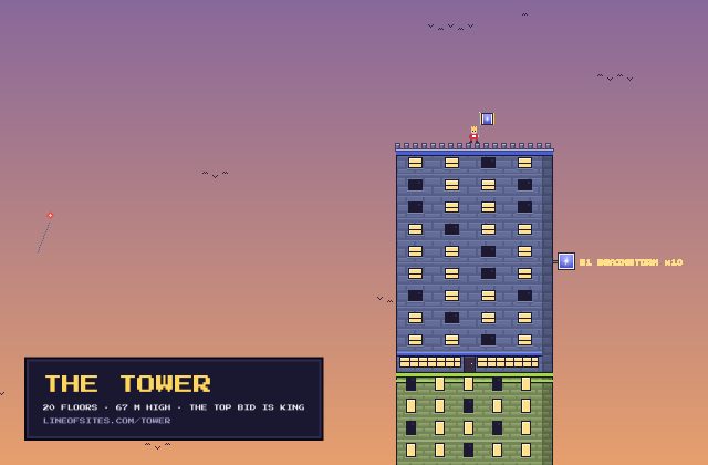 The Tower: a pixel building at dusk with a king on the battlements and logo signs on every floor