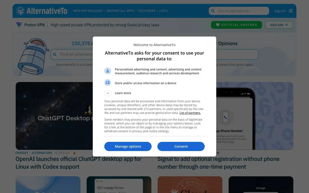 Screenshot of AlternativeTo